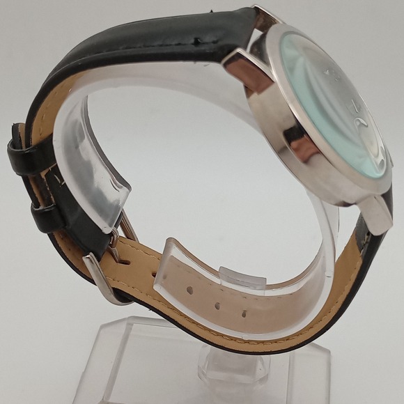 Disney Mickey Mouse Watch Silver Dial Black Leather Strap 33mm New Battery - Picture 4 of 12